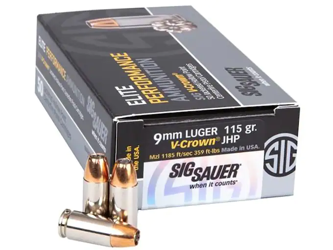 Sig Sauer Elite Performance Ammunition 9mm Luger 115 Grain V-Crown Jacketed Hollow Point Box of 50
