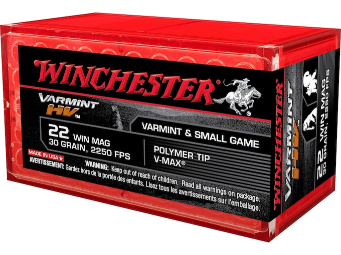 Winchester Varmint High Velocity Ammunition 22 Winchester Magnum Rimfire (WMR) 30 Grain Hornady V-MAX