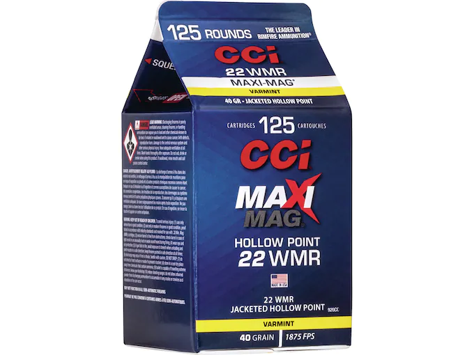 CCI Maxi-Mag Ammunition 22 Winchester Magnum Rimfire (WMR) 40 Grain Jacketed Hollow Point Box of 125