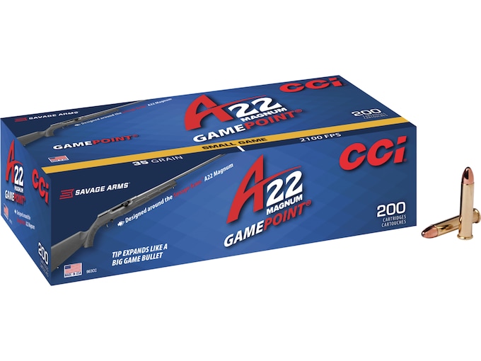 CCI A22 Ammunition 22 Winchester Magnum Rimfire (WMR) 35 Grain GamePoint Jacketed Soft Point Box of 200
