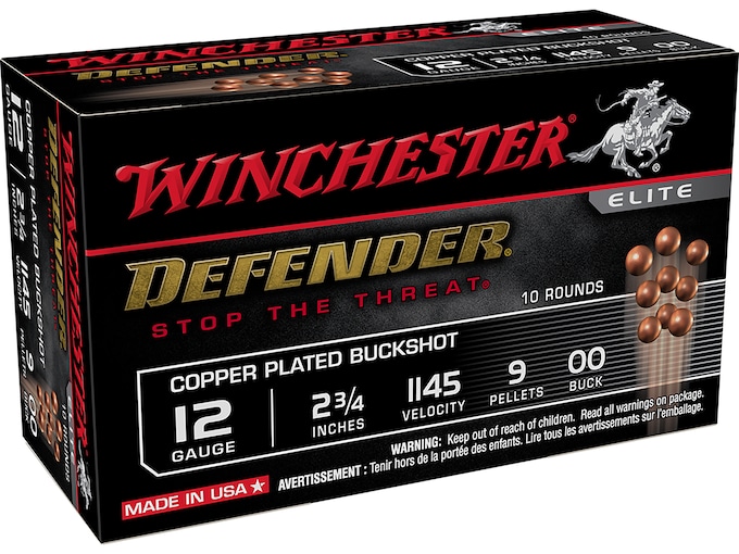 Winchester Defender Ammunition 12 Gauge 2-3/4" 00 Plated Buckshot 9 Pellets Box of 10