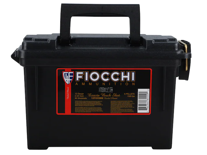 Fiocchi High Velocity Ammunition 12 Gauge 2-3/4" 00 Buckshot 9 Nickel Plated Pellets Ammo Can of 80 (8 Boxes of 10)
