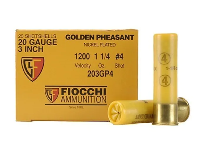 Fiocchi Golden Pheasant Ammunition 20 Gauge 3" 1-1/4 oz #4 Nickel Plated Shot Box of 25