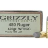 Grizzly Ammunition 480 Ruger 425 Grain Cast Performance Lead Wide Flat Nose Gas Check Box of 20