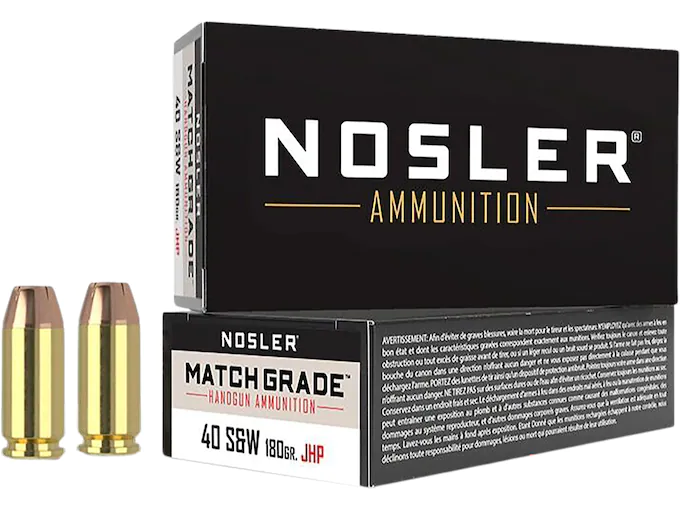 Nosler Match Grade Ammunition 40 S&W 180 Grain Jacketed Hollow Point Box of 50