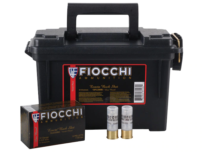 Fiocchi Low Recoil Ammunition 12 Gauge 2-3/4" 00 Buckshot 9 Nickel Plated Pellets Ammo Can of 80 (8 Boxes of 10)